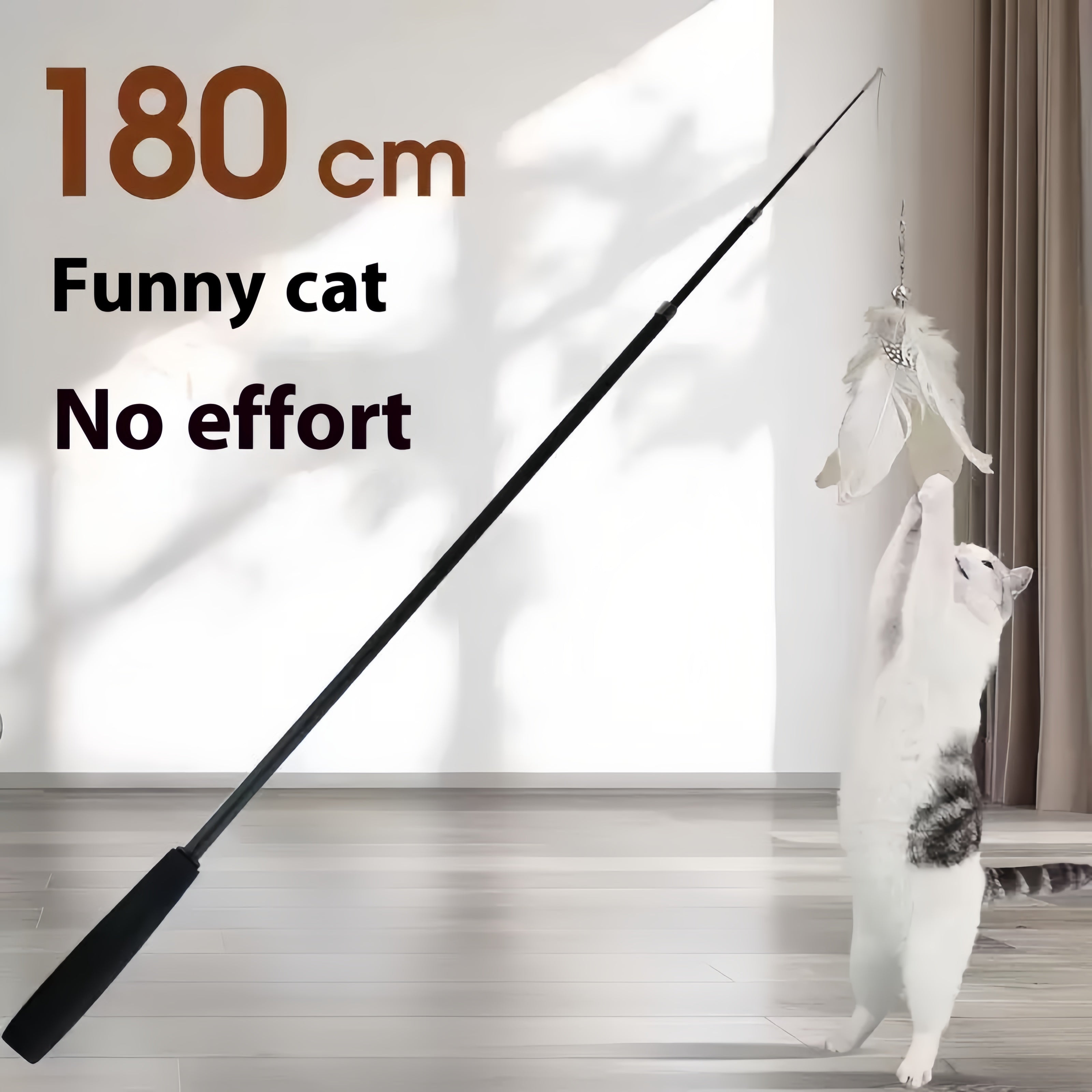 Cat Teaser Stick with Extendable Pole, 1.8m Long, Replaceable Head, Four-Section Telescopic Design for Cat Play